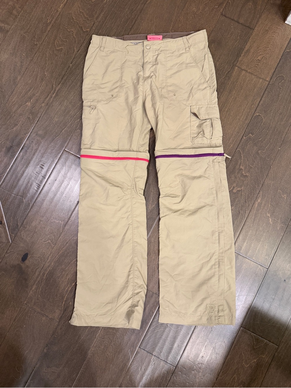 REI Khaki Convertible Cargo Pants with Pink and Purple Trim